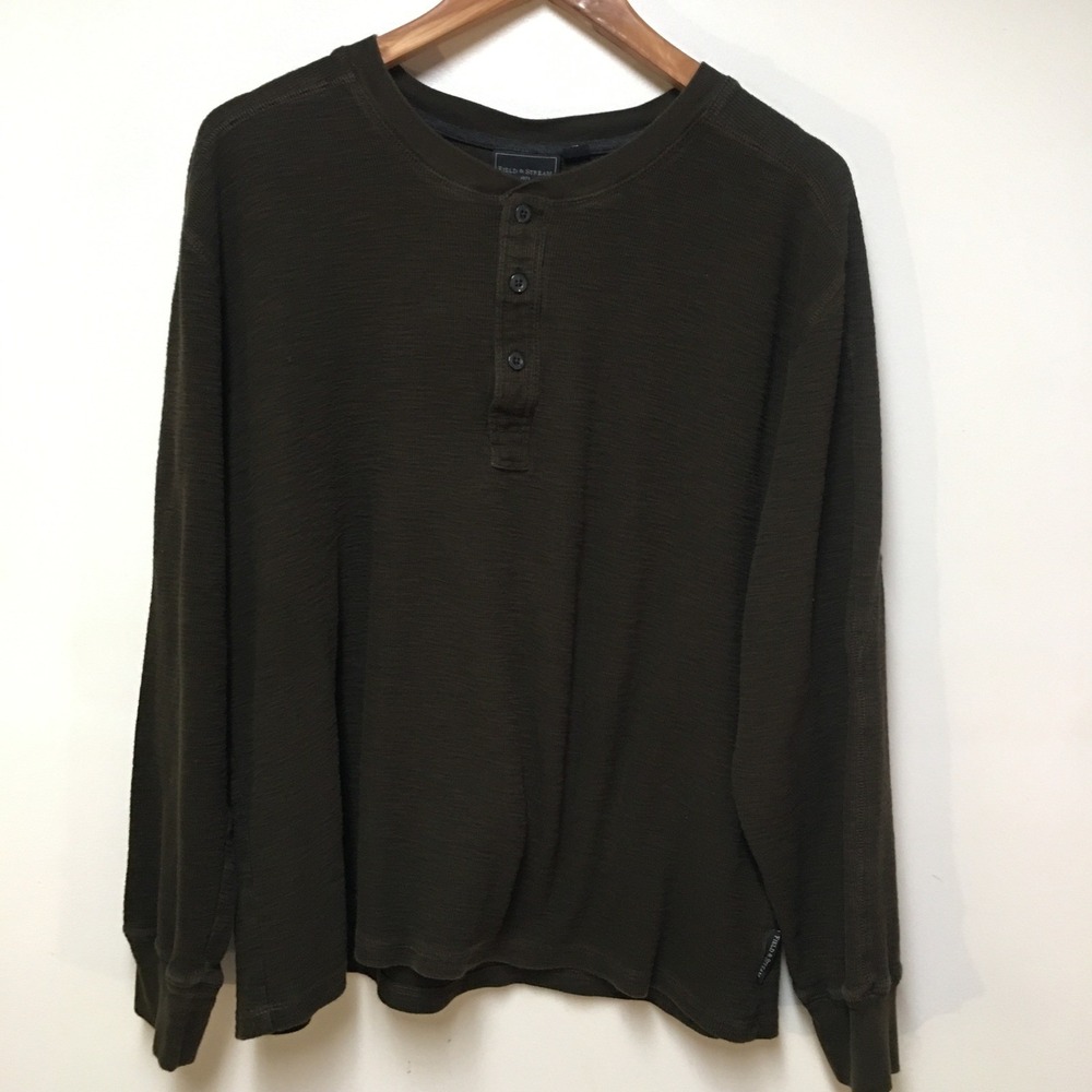 Field & Stream Henley Thermal Shirt Men XL Green Long Sleeve Waffle Knit Outdoor